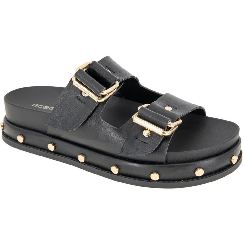 NEW BCBG Black Sandals with Gold Accents